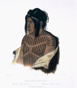 クリーインディアンズの首長、マシェットクイアブ、ピエールジョセフタヴェルニエ（1787-p.1845）1843（アクアチント）によって刻まれた「北アメリカの内部の旅」のボリューム1のプレート22 作： Karl Bodmer